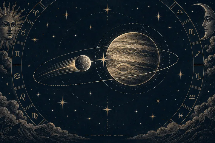 Engraved illustration of a large ringed planet and a smaller planet-like sphere inside a starry zodiac circle, with a sun face at left and a crescent moon face at right.
