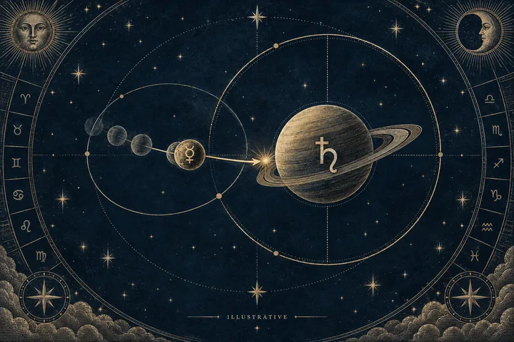 Engraved star-chart illustration showing a small sphere marked with a Mercury-like symbol connected by a line to a larger ringed sphere marked with a Saturn-like symbol.
