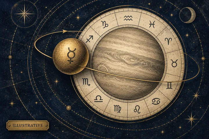 Engraved illustration of a large striped planet-like sphere surrounded by a zodiac wheel and crossed by a ring, with a smaller gold sphere marked by a Mercury-like symbol and an “ILLUSTRATIVE” plaque.