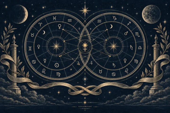 Two overlapping circular zodiac charts with connecting lines, stars, moons, columns, and a looping ribbon against a dark blue sky.
