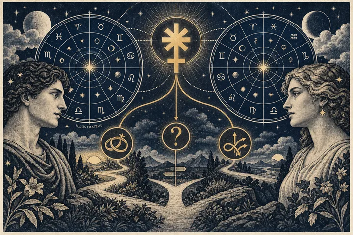 Two classical profile figures face inward beneath separate zodiac charts, with a gold central symbol, a question mark, branching paths, and circular symbols in a starry landscape.
