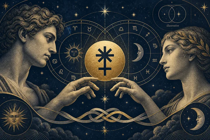 Two classical profile figures reach toward a central gold disk marked with an astrological symbol, with zodiac circles, sun and moon faces, stars, and a looping ribbon behind them.