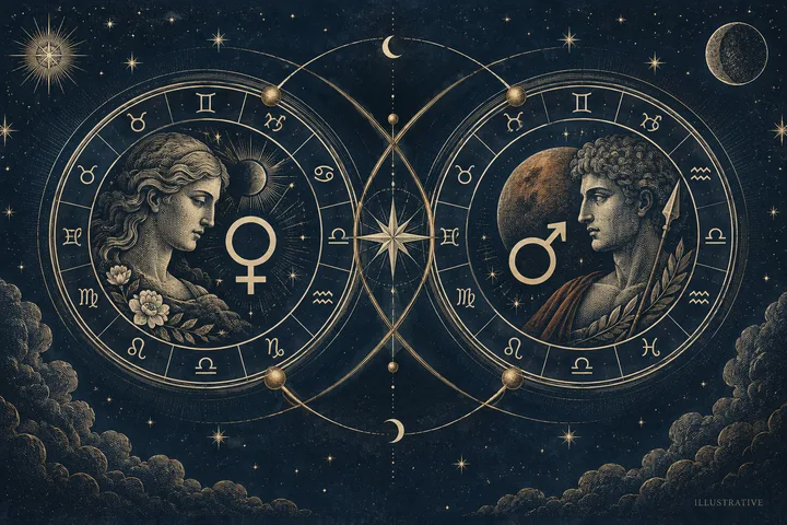 Engraved-style illustration of two facing profile portraits inside zodiac circles, with a circular-and-cross symbol on the left and a circular-and-arrow symbol on the right, linked by looping gold lines around a central star compass.