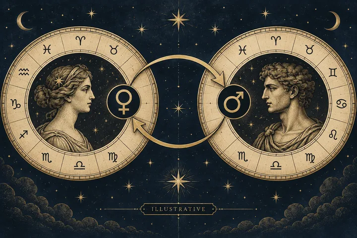Two facing profile portraits inside cream-colored zodiac rings, each beside a circular symbol; curved gold arrows connect the rings.
