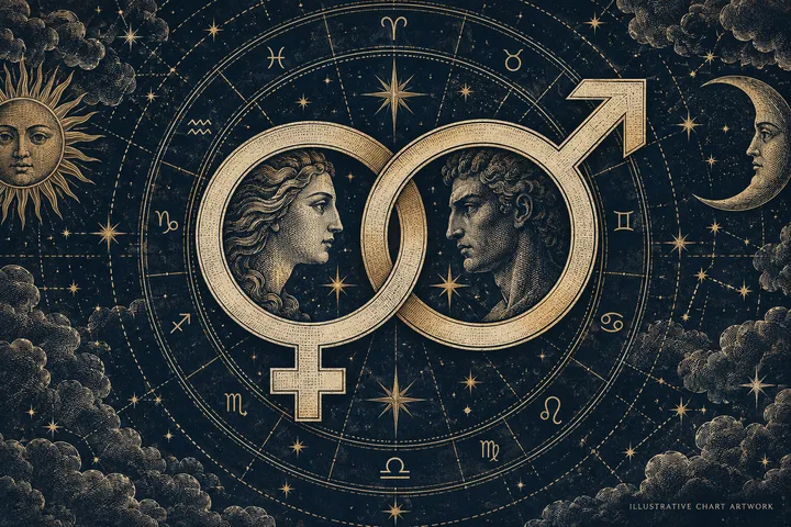 Large interlocking circular-and-cross and circular-and-arrow symbols contain two facing profile portraits, surrounded by a zodiac wheel, stars, a sun, and a crescent moon.