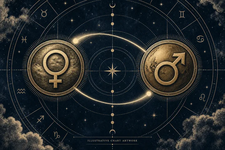 Two large textured gold disks with circular-and-cross and circular-and-arrow symbols are connected by glowing curved lines within a starry circular chart.