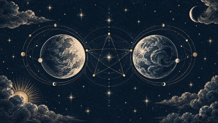 Two large patterned spheres sit within orbital rings, linked by fine geometric lines around a central star against a dark, starry sky.