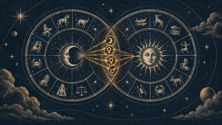 Engraved midnight-blue illustration of two overlapping zodiac wheels linked by a tight central cluster of Moon, Venus, Mercury, and Mars symbols in brass.