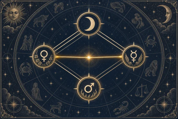 Antique engraved synastry diagram with Moon, Venus, Mercury, and Mars medallions connected by lines, one shortest central contact glowing brighter than the grouped cluster.
