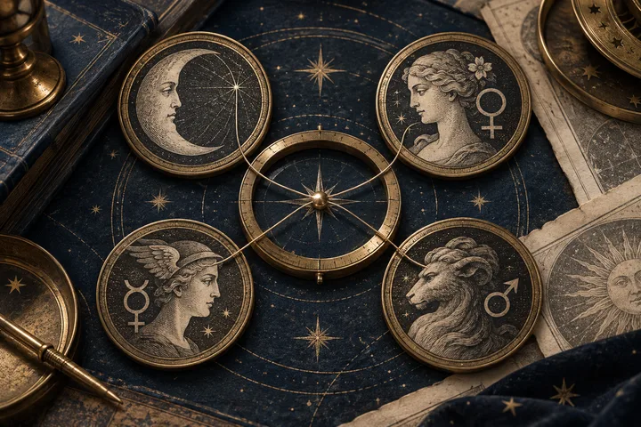 Close-up engraved astrology worktable with Moon, Venus, Mercury, and Mars brass medallions connected around a central degree compass on midnight-blue paper.