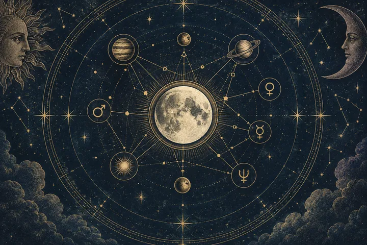 Engraved midnight-blue synastry illustration with a large Moon at the center and several planetary symbols connected by aspect lines