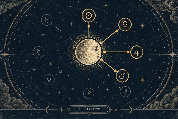Illustrative synastry diagram with the Moon at the center and Sun, Venus, Mercury, Jupiter, Mars, Saturn, Neptune, and Uranus linked by aspect lines
