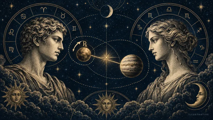Illustrative midnight-blue and brass synastry scene with two classical figures, zodiac wheels, orbit lines, and a retrograde marker between them.