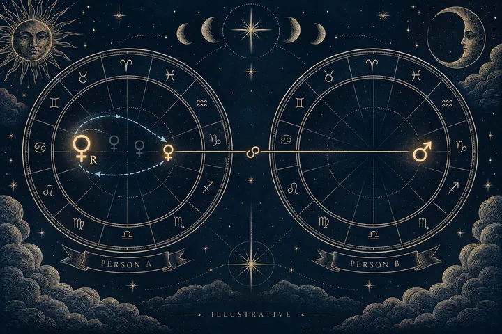 Illustrative paired synastry chart wheels labeled Person A and Person B, connected by an opposition line with retrograde Venus looping toward exactness and direct Mars opposite it.