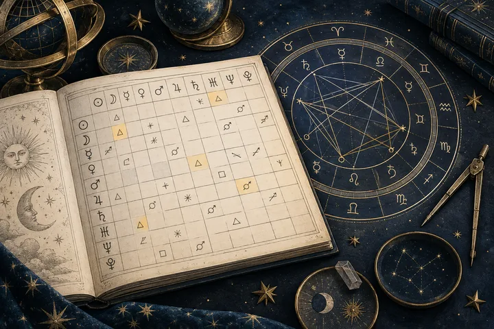 Illustrative chart artwork: an engraved midnight-blue zodiac wheel beside a brass-lined synastry aspect grid with planet symbols and aspect glyphs.
