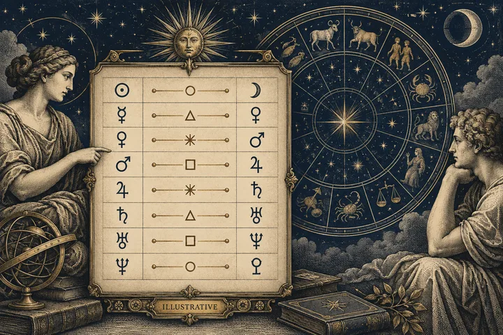 Illustrative chart artwork: an engraved synastry aspect table with planet symbols and geometric aspect glyphs beside a zodiac wheel and two seated figures.