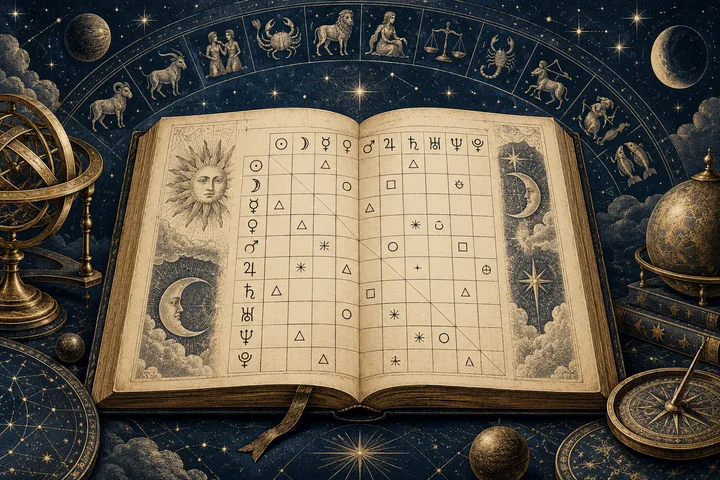 An open book displays a grid of planetary symbols and geometric marks, surrounded by engraved celestial bodies, stars, and zodiac figures on a dark blue background.