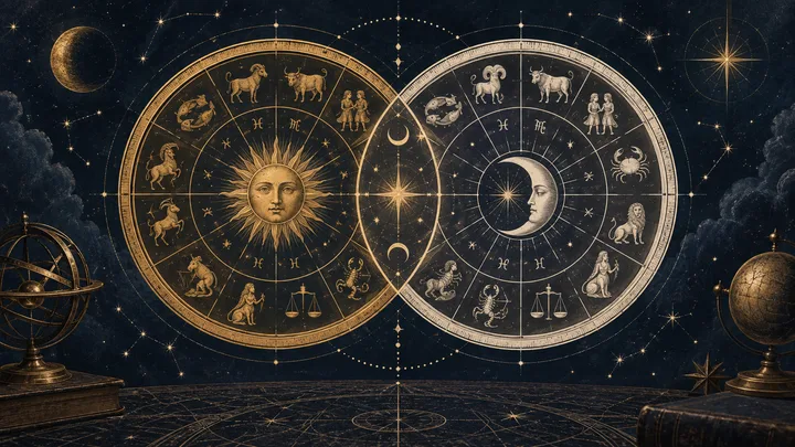 Two overlapping circular star charts fill a dark, starry scene; one contains a sun face and the other a crescent moon, with books and brass instruments at the bottom corners.