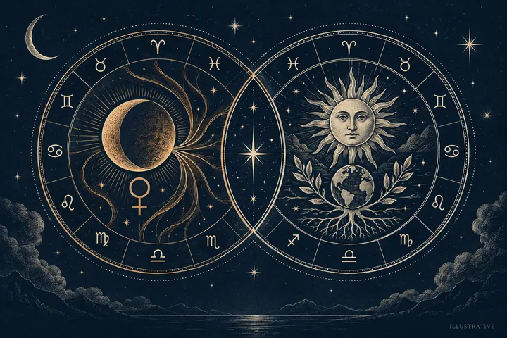 Two overlapping circular diagrams appear above a dark landscape; the left shows a crescent-covered orb and a female symbol, while the right shows a sun face above a globe framed by leaves.