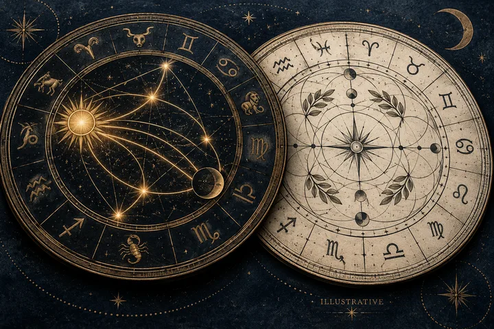 Two adjacent circular charts sit on a dark starry background; the left shows a sun, a small dark orb, and curved connecting lines, while the pale right chart has a compass-like center, dots, leaves, and zodiac symbols.