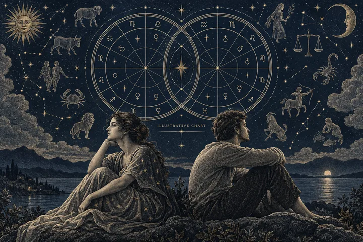 Illustrative midnight-blue synastry wheel with interlocking zodiac circles and two figures seated in quiet conversation