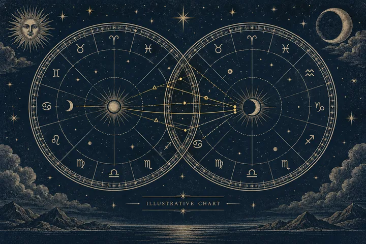 Illustrative midnight-blue comparison wheel with brass details and a calm, layered astrological design