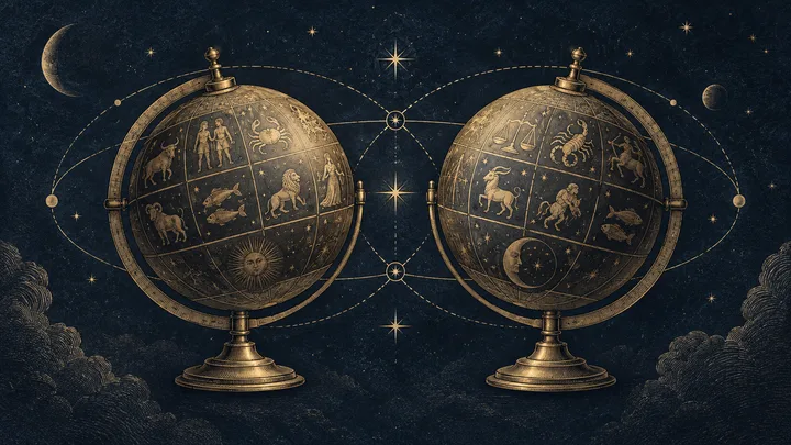Illustrative midnight-blue astrological design with brass details suggesting attraction and movement