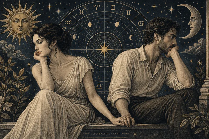 Illustrative couple sharing a quiet ritual beside an engraved zodiac design in midnight blue and brass