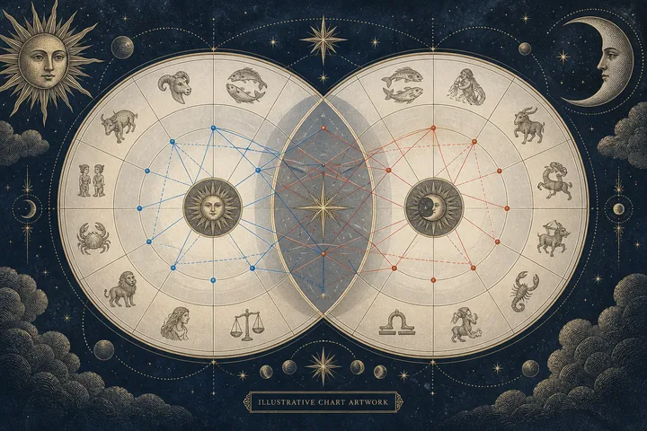 Editorial illustration accompanying: How can you read a synastry chart when visual color coding changes between websites?