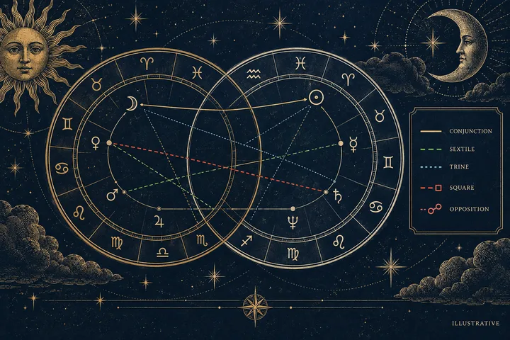 Editorial illustration accompanying: How can you read a synastry chart when visual color coding changes between websites?