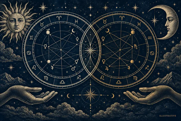 Editorial illustration accompanying: How can you read a synastry chart when visual color coding changes between websites?