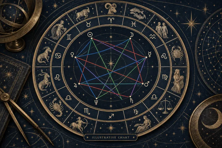 Editorial illustration accompanying: How can you read a synastry chart when visual color coding changes between websites?
