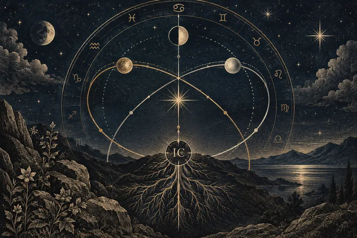 Engraved midnight-blue landscape with a brass synastry wheel, two crossing planetary paths, and a rooted IC symbol beneath a Cancer glyph.