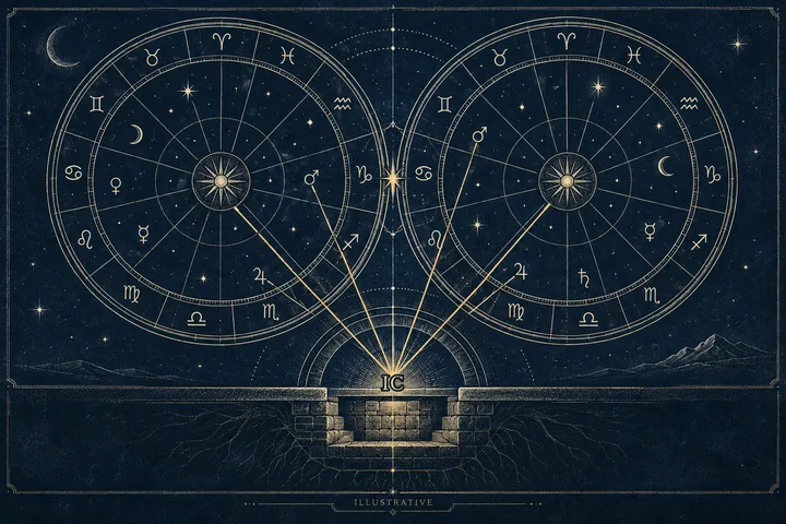 Two illustrative natal chart wheels face each other above a stone threshold marked IC, with gold lines connecting the charts and an ILLUSTRATIVE label below.