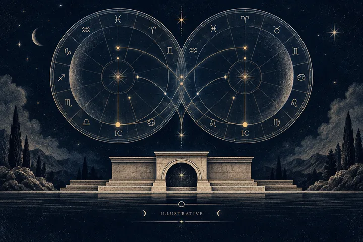 Two mirrored illustrative chart wheels with IC markers hover over a temple-like doorway and dark water, with an ILLUSTRATIVE label beneath.