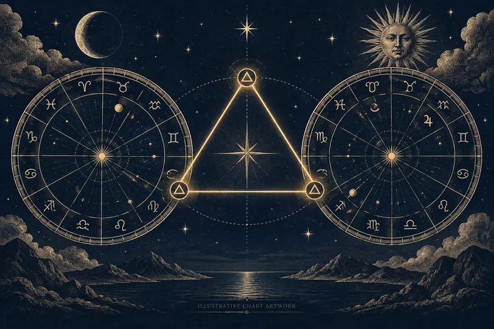 Engraved midnight-blue illustration of two zodiac wheels joined by a glowing brass grand-trine triangle, with the Sun, Moon and stars above a dark horizon.