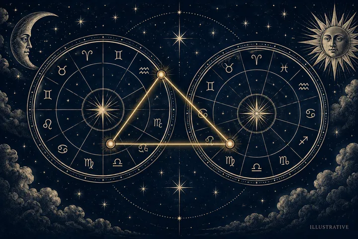 Two side-by-side engraved zodiac wheels connected by three glowing brass points in a triangle, framed by a crescent Moon and a radiant Sun.