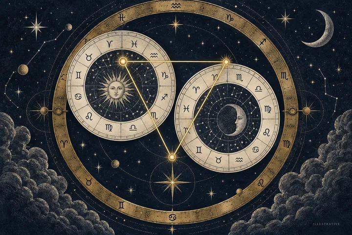 Close-up engraved synastry diagram with two overlapping zodiac circles, planetary symbols and a highlighted brass triangle beneath a crescent Moon.