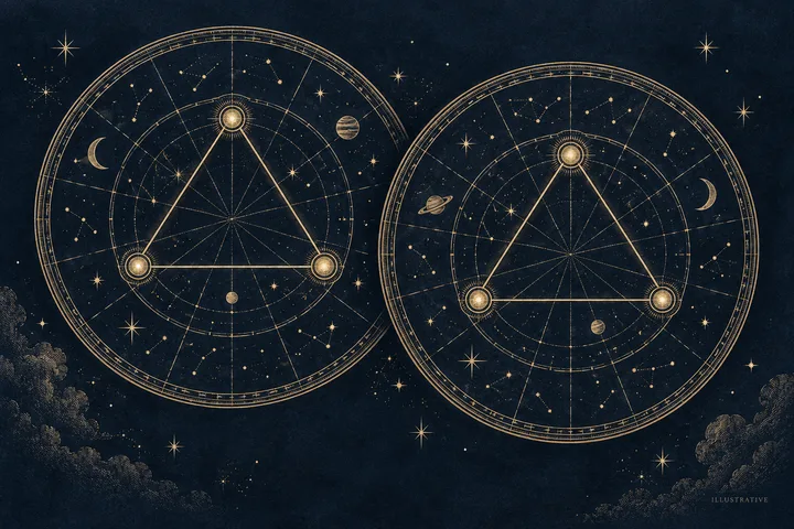 Two separate engraved natal wheels, each marked with its own glowing grand-trine triangle, against a starry midnight-blue sky.