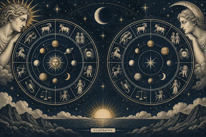 Two gold zodiac wheels beneath a crescent moon, framed by sun and moon faces above a sunrise over the sea.