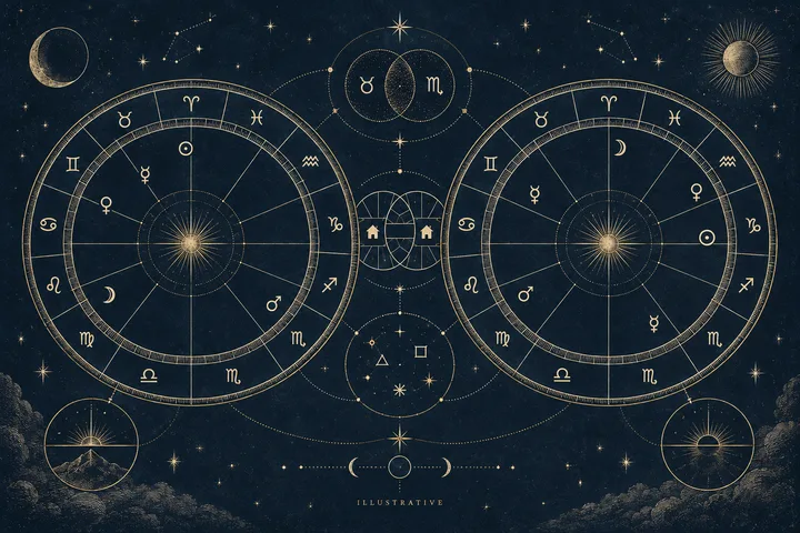 Two zodiac wheels with planetary symbols, linked by small overlapping circles and aspect symbols.