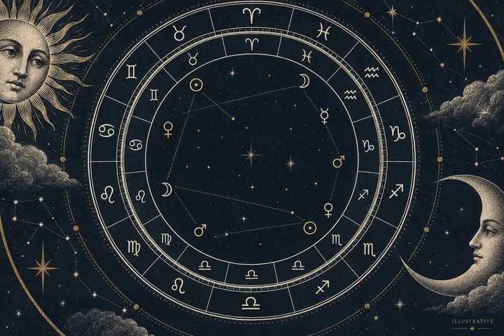 A large zodiac wheel with planetary symbols and dotted connecting lines, flanked by sun and crescent moon faces.