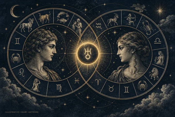 Two classical profile portraits face each other within overlapping zodiac circles, with a glowing central orb marked by an astrological symbol, stars, a crescent moon, and clouds against a dark blue background.