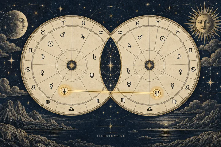 Two cream-colored circular astrology charts sit side by side over a starry landscape, with symbols inside the charts and a gold line connecting matching highlighted symbols near the bottom.