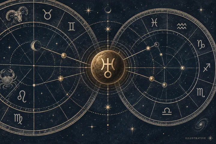 Two dark zodiac circles with stars, dots, and connecting lines flank a glowing central orb marked by an astrological symbol.