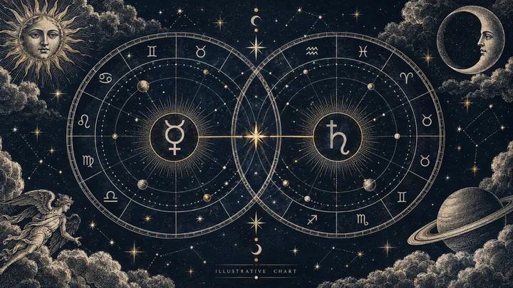 Editorial illustration accompanying: How do you read a synastry chart when the strongest contact is between non-romantic planets?