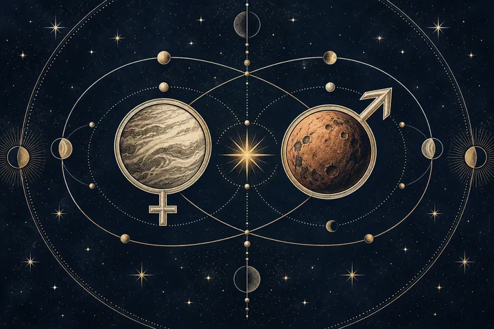 Two large textured spheres, one marked with a female symbol and the other with an arrow, sit among orbital lines, small moons, and stars on a dark background.