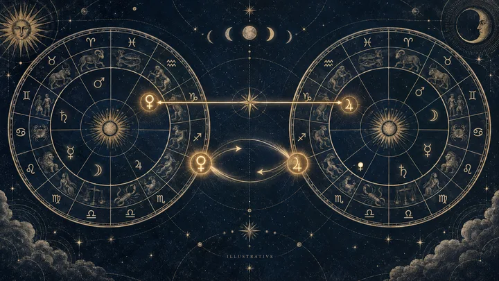 Two circular zodiac charts sit side by side against a starry navy sky, with glowing planet symbols connected by horizontal and curved arrows. A sun, moon, stars, and clouds decorate the scene.