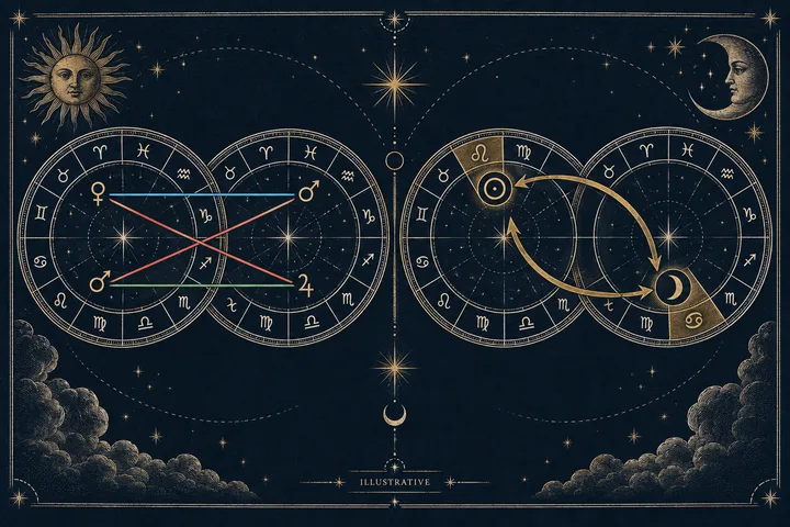 Four circular zodiac charts are arranged in two pairs. Colored lines connect symbols in the left pair, while gold arrows link a sun-like symbol and a crescent moon in the right pair, surrounded by stars, a sun, a moon, and clouds.