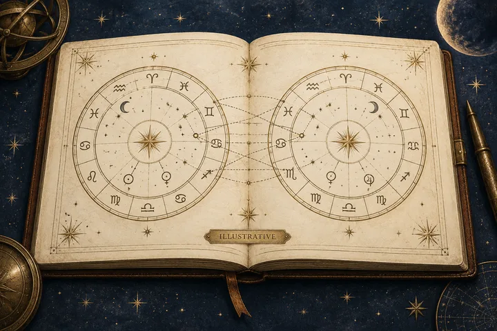 An open illustrated book shows two circular zodiac charts connected by dotted lines, surrounded by stars, a crescent moon, and brass astronomical instruments.